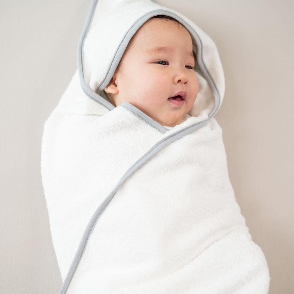 Kyte Hooded Bath Towel in Cloud with Storm Trim  Cozy White Hooded Baby Towel